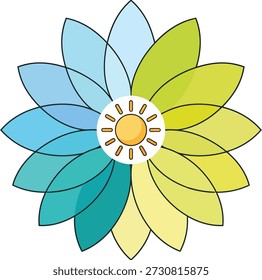 This illustration features a stylized flower combined with a central sun element, symbolizing balance, harmony, and the arrival of spring during the equinox.