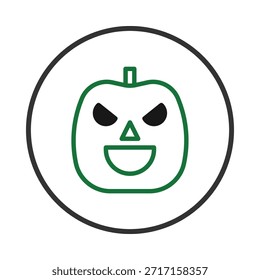 Diese Illustration zeigt einen stilisierten grünen Kürbis-Umriss. Das Design ist modern und einfach, vor einem sauberen weißen Hintergrund, sodass es ideal für Halloween-Themen-Designs und fröhlich