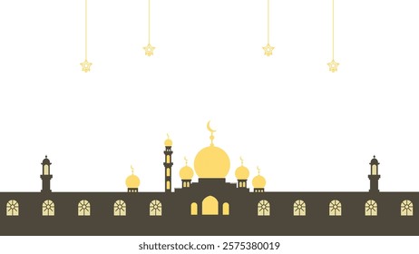 This illustration features a stylized mosque with multiple golden domes and dark brown minarets. Above the mosque, there are five hanging star-shaped ornaments in golden color.