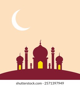 This illustration features a stylized silhouette of a mosque with multiple domes and minarets. The mosque is depicted in a dark maroon shade, with doorways and windows highlighted in yellow.