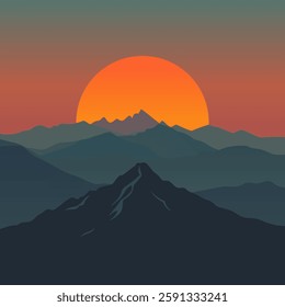 This illustration features a stylized sunset or sunrise scene with a large, bright orange sun partially hidden behind a range of mountains. The mountains are shown in various shades of dark blue.