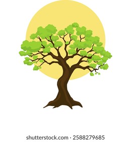 This illustration features a stylized tree with a thick dark brown trunk and branches, and bright green foliage. The tree is set against a large yellow circular background, representing the sun.