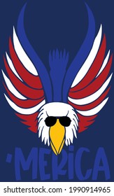 This illustration features a swooping bald eagle in red white and blue wearing sunglasses. 