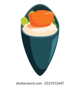 This illustration features a temaki hand roll sushi, meticulously crafted with fresh salmon and perfectly seasoned rice, enticing viewers with its vibrant colors and culinary appeal