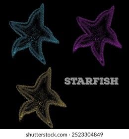 Esta ilustração apresenta três estrelas-do-mar coloridas em um fundo preto. As estrelas-do-mar estão em tons azuis, roxos e amarelos, criados com uma textura pontilhada. Abaixo deles, a palavra "ESTRELA" está escrita em