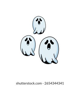 This illustration features three cute cartoon ghosts with expressive faces, perfect for Halloween-themed projects or decorations. Their playful demeanor adds a whimsical touch to any festive design.