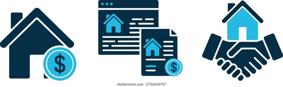 Diese Illustration zeigt drei verschiedene dunkel- und hellblaue Symbole, die wichtige Aspekte von Immobilien symbolisieren: Wohnungsbaufinanzierung, Online-Immobiliensuche und erfolgreiche Immobilienverträge.