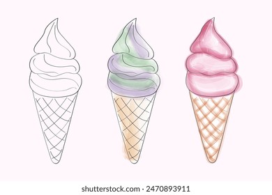 This illustration features three ice cream cones drawn in different styles. The first cone is outlined in black, while the second and third cones are filled in with watercolor-like colors