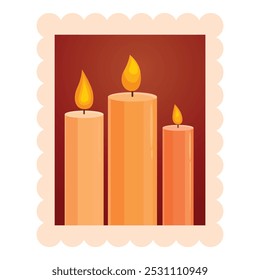 This illustration features three lit candles burning brightly inside a scalloped postage stamp, possibly symbolizing remembrance or celebration