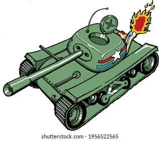  This illustration features a three quarters view of a ww2 US tank going on the attack.