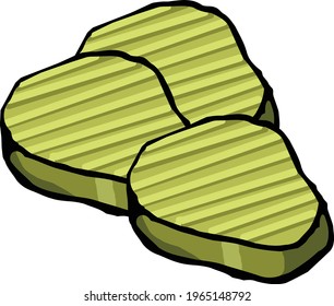 This illustration features three sliced pickles.