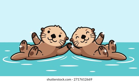 Esta ilustración muestra a dos adorables nutrias marinas flotando sobre sus espaldas, agarradas de la mano en el agua azul. Esta encantadora y conmovedora Imagen es perfecta para ilustrar temas de amistad,