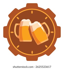 This illustration features two beer mugs clinking inside a gear clock design, perfect for representing breweries, pubs, and the joy of beer