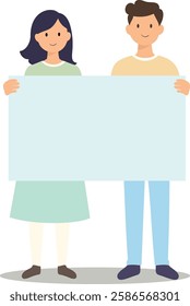 This illustration features two cartoon characters standing side by side, each holding one end of a large blank sign.