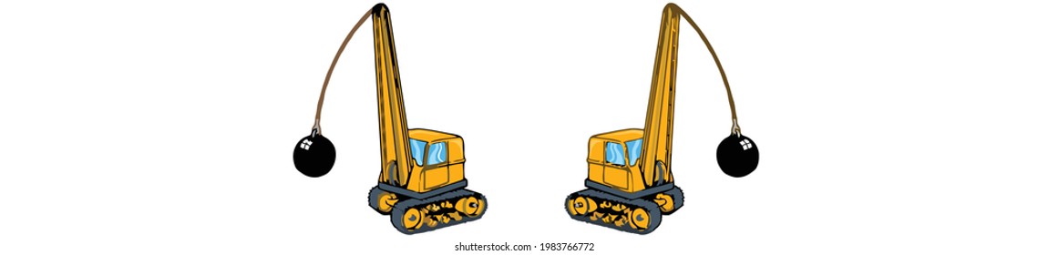 This illustration features two cranes with wrecking balls. 