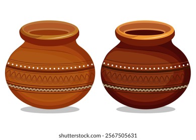 This illustration features two traditional Indian clay pots, known as Matkas, with intricate designs and patterns