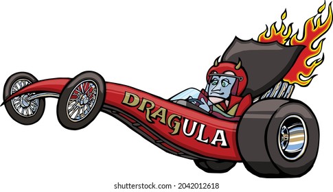 This illustration features a vampire driving a drag race car. 