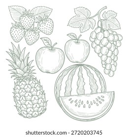 Esta ilustração apresenta uma variedade de frutas frescas, incluindo um abacaxi, maçã, uvas, melancia e framboesas. Cada fruta é representada com detalhes intrincados, destacando suas texturas e formas únicas. A imagem é em um estilo monocromático, enfatizando as formas e padrões naturais dos frutos.