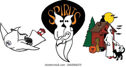 This illustration features a variety of ghost designs including an air surfer, family, and one enjoying the great outdoors.