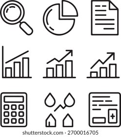 Esta ilustración presenta varios iconos relacionados con negocios y finanzas en un estilo de contorno limpio que muestra documentos de análisis de tendencias y cálculos 