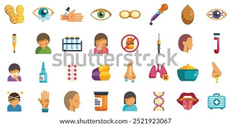 This illustration features various icons related to allergies, depicting symptoms, treatments, diagnostic tools, and common allergens