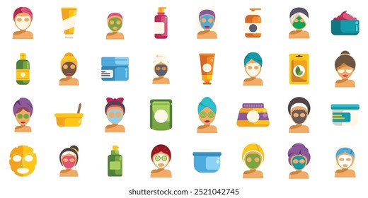 This illustration features various types of cosmetic face masks and other beauty products, perfect for representing skincare and beauty routines