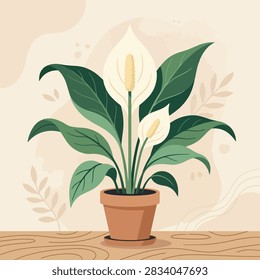 This illustration features a vibrant indoor plant potted in a simple clay container. The composition highlights lush green leaves and elegant white blooms centered against a soft, neutral background. The artistic style uses clean lines and flat colors to create a calm, decorative aesthetic suitable for interior design concepts
