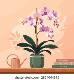 This illustration features a vibrant potted orchid with delicate pink and purple petals arranged elegantly on a wooden surface. Beside the plant, a small watering can and a stack of books add to the serene, domestic atmosphere. The background is a soft, warm peach tone with subtle leaf patterns, creating a peaceful and artistic botanical composition