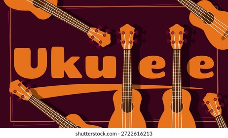 This illustration features a vibrant and stylish tribute to the ukulele against a deep maroon background. National Ukulele Day, February 2nd. Musical instrument. Music background.