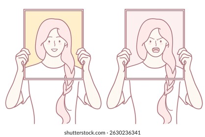 This illustration features a woman who conveys feelings of both happiness and anger through two distinct frames