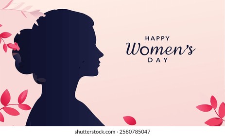 This illustration features a woman's silhouette filled with pink and white flowers, set against a soft pink background, celebrating Women's Day with a joyful and uplifting design.