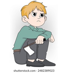 This illustration features a young boy with a determined yet frustrated expression, sitting while holding a small white flag of surrender.