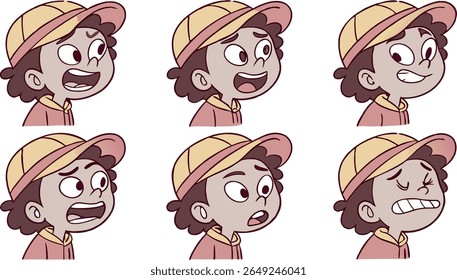 This illustration features a young character in a hat and jacket, depicted with six distinct facial expressions conveying surprise, joy, anger, fear, and determination.