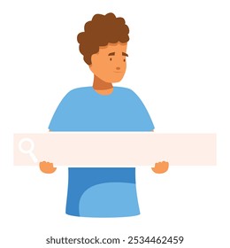 Esta ilustração apresenta um jovem segurando um bar de pesquisa, simbolizando pesquisa on-line e busca de informações