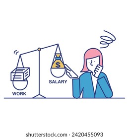 This is an illustration of a female businessperson who is worried about the balance between work and salary and is thinking about changing jobs.