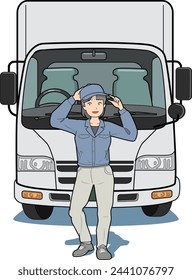 This is an illustration of a female driver standing in front of a truck.