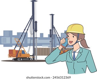 This is an illustration of a female worker remotely controlling a pile driver using a smartphone.