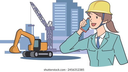 Esta es una ilustración de una trabajadora que controla a distancia equipos pesados usando un smartphone.