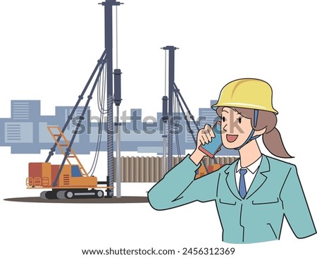 This is an illustration of a female worker remotely controlling a pile driver using a smartphone.