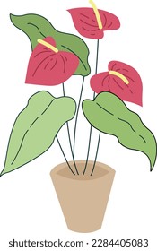 This is an illustration of flowers in a pot with leaves. Hand drawn vector illustration of a branch with flowers and leaves.