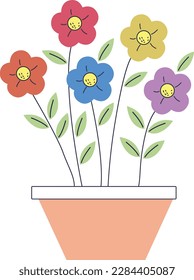 This is an illustration of flowers in a pot with leaves. Hand drawn vector illustration of a branch with flowers and leaves.