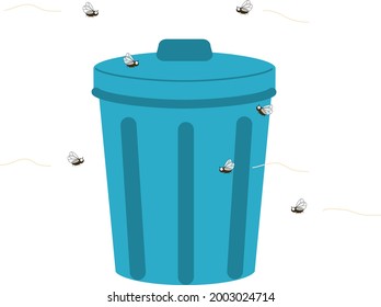 This is an illustration of a fruit fly flying around a trash can.
