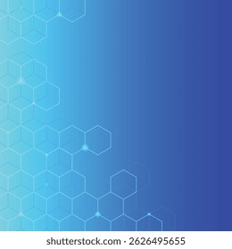 Il s'agit d'une illustration d'un design futuriste avec un arrière-plan bleu dégradé et un motif géométrique de formes hexagonales et cubiques interconnectées, créant une structure en nid d'abeilles.