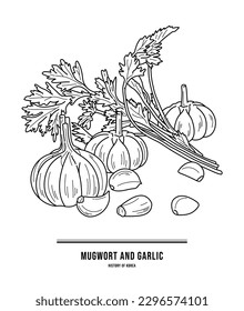 Esta ilustración es "ajo" y "mugwort", que son alimentos de la mitología dangún en Corea.