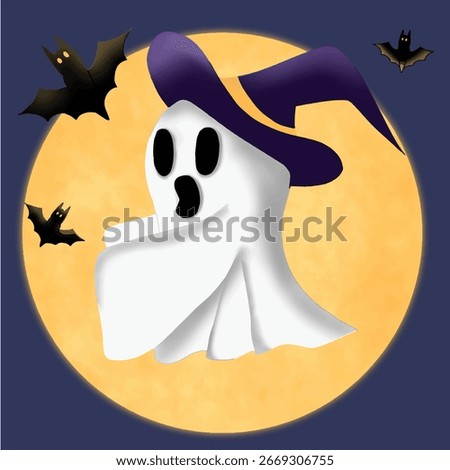 this is an illustration of a ghost wearing a purple witch hat with a green band, decorated with three flying bats  in front of a full moon.