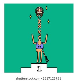 This is an illustration of a giraffe who becomes a champion in some competition and climbs onto the podium.