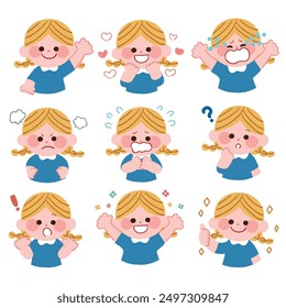 This is an illustration of a girl with blond braids and various facial expressions. The touch is analog, as if drawn with crayon.