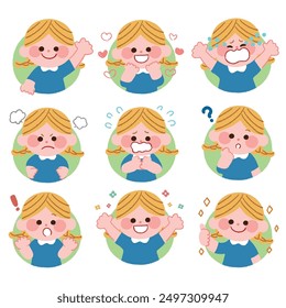 This is an illustration of a girl with blond braids and various facial expressions. The touch is analog, as if drawn with crayon.