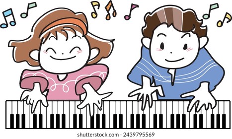 This is an illustration of a girl and a boy playing the duet harmony piano.