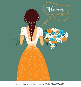 this illustration is of a girl holding a bouquet of flowers, her hair is adorned with flowers, dress is beautiful.